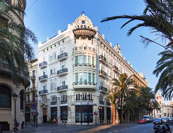 Front facade of One Shot Palacio Reina Victoria hotel in Valencia in Spain