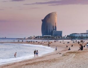 Barceloneta beach and hotel vela in Barcelona