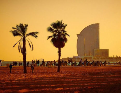 Sunset in Barceloneta beach in Barcelona