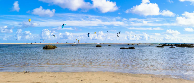 Kitesurfing in the lagoon of Sotavento in Fuerteventura in the Canary Islands